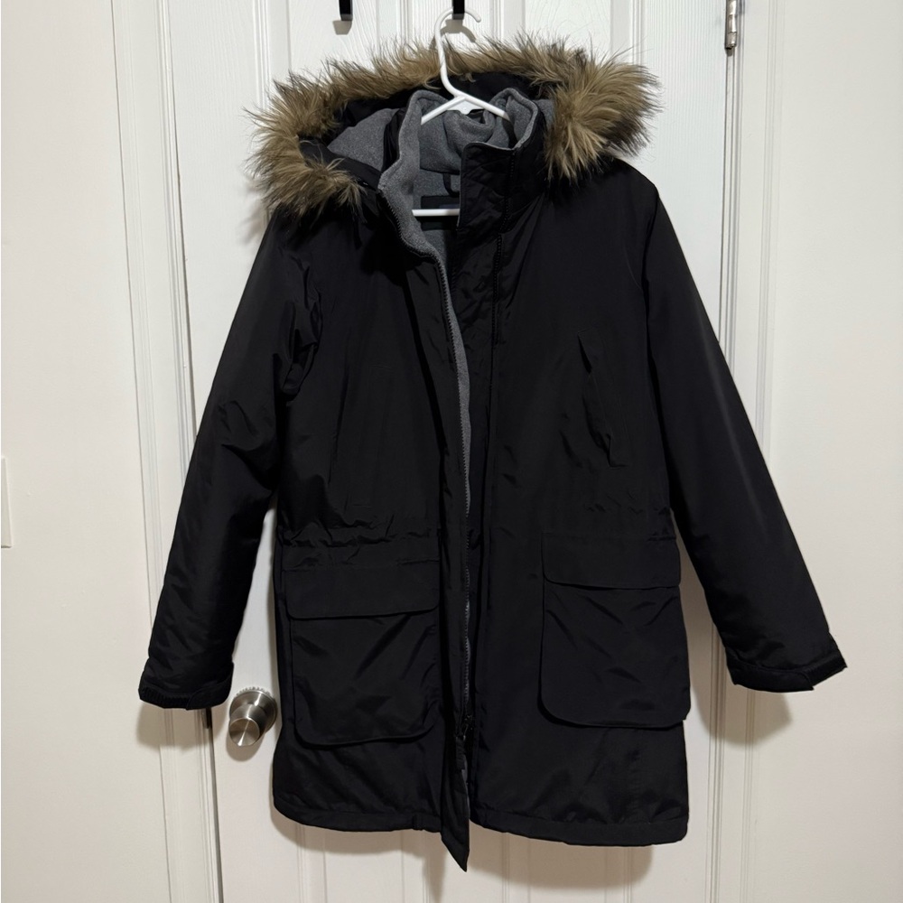 Lands' End Black Parka Coat with Faux Fur Hood